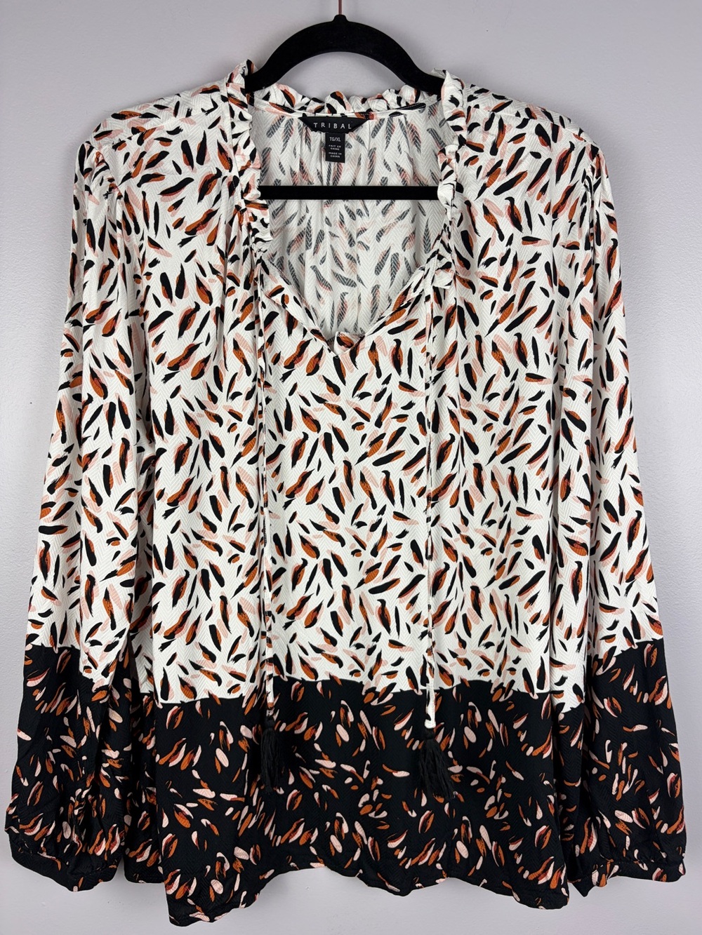 Tribal XL Abstract Print Colourblock Boho Peasant Blouse 100% Rayon